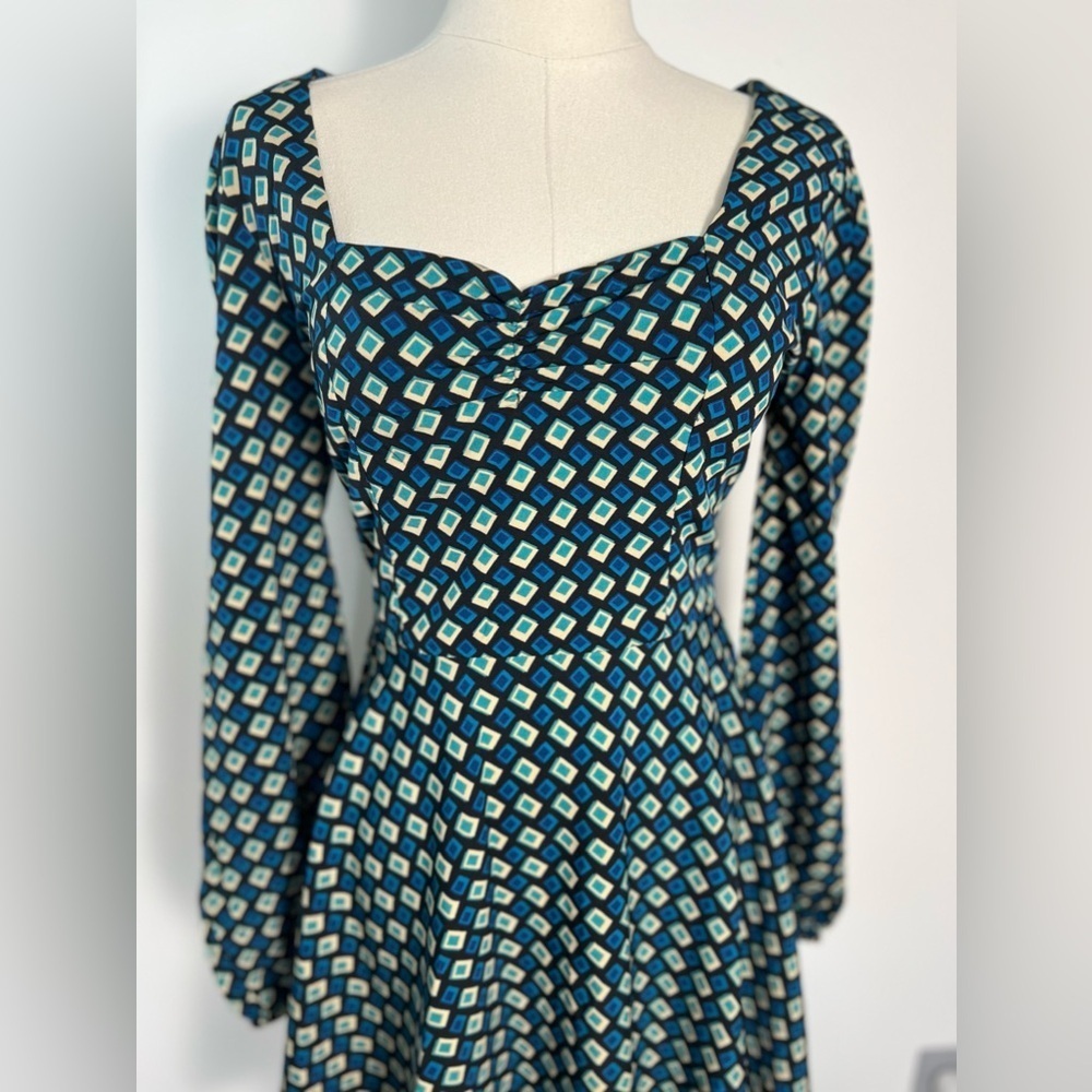 NWT Band Of The Free BOG Genevieve Teal Diamond Puff Sleeve Mini Dress Size XS L - Picture 2 of 14